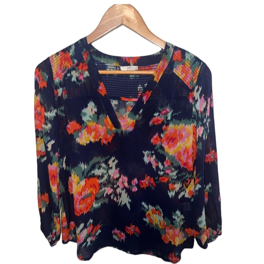 Joie Navy Axcel Floral Ikat-Printed Silk Blouse Small